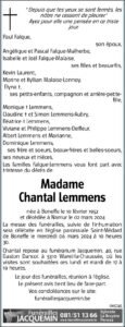 Madame Chantal LEMMENS - faire-part -