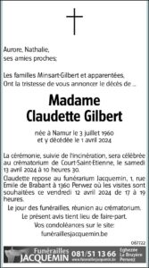 GILBERT Claudette avis nécrologique