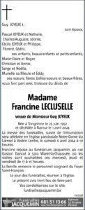 LECLUSELLE Francine avis nécrologique