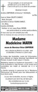 Madame Madeleine Marin - avis nécrologique -
